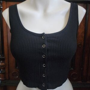 Black Ribbed Button-Front Women's Crop Top